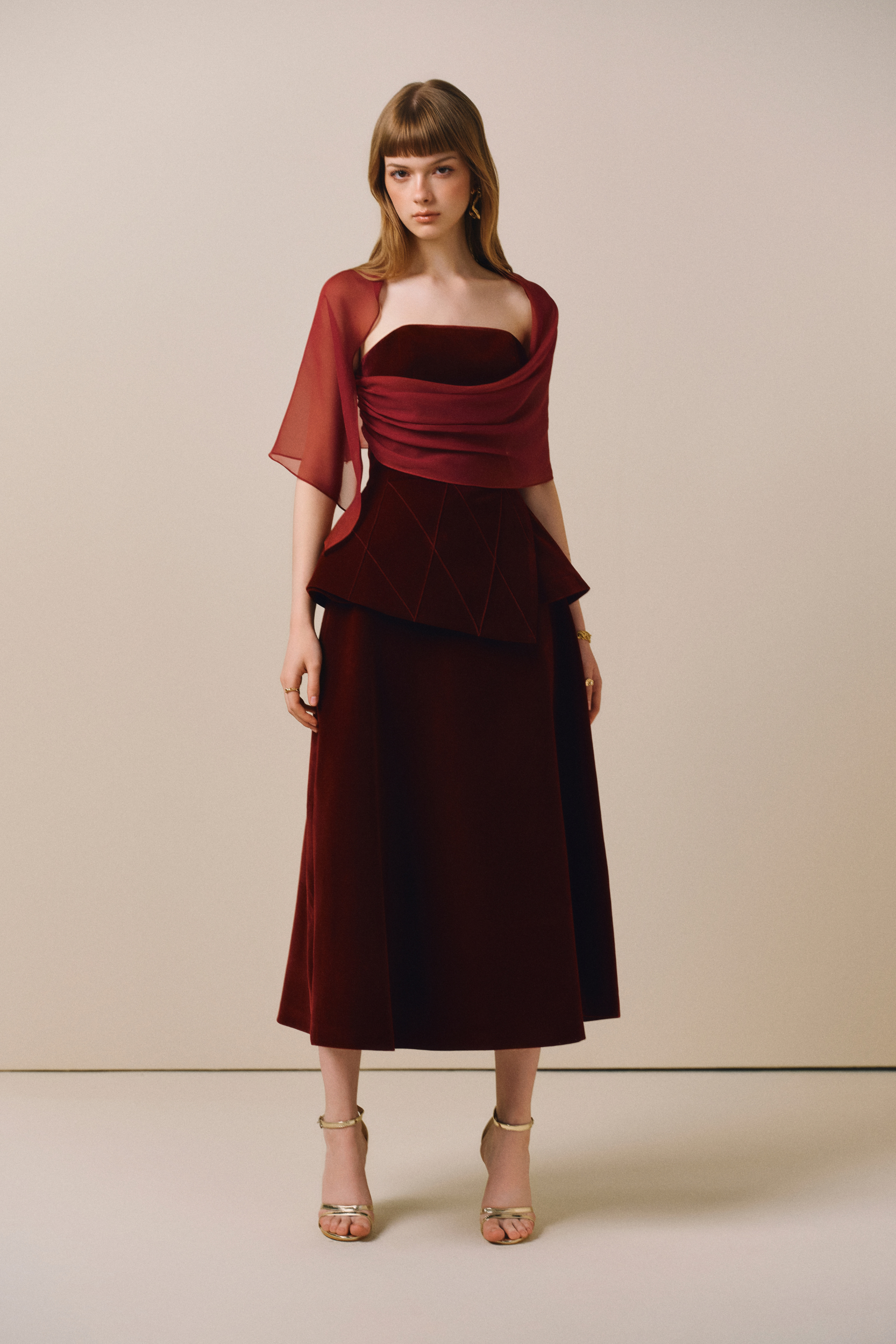 SCARLOTTE Velvet Midi Dress with Sheer Overlay