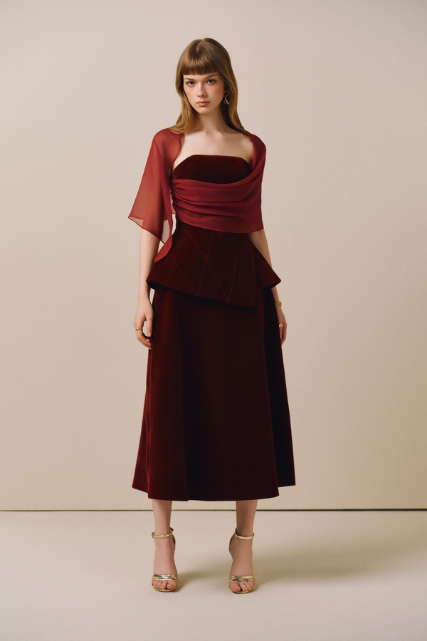 SCARLOTTE Velvet Midi Dress with Sheer Overlay