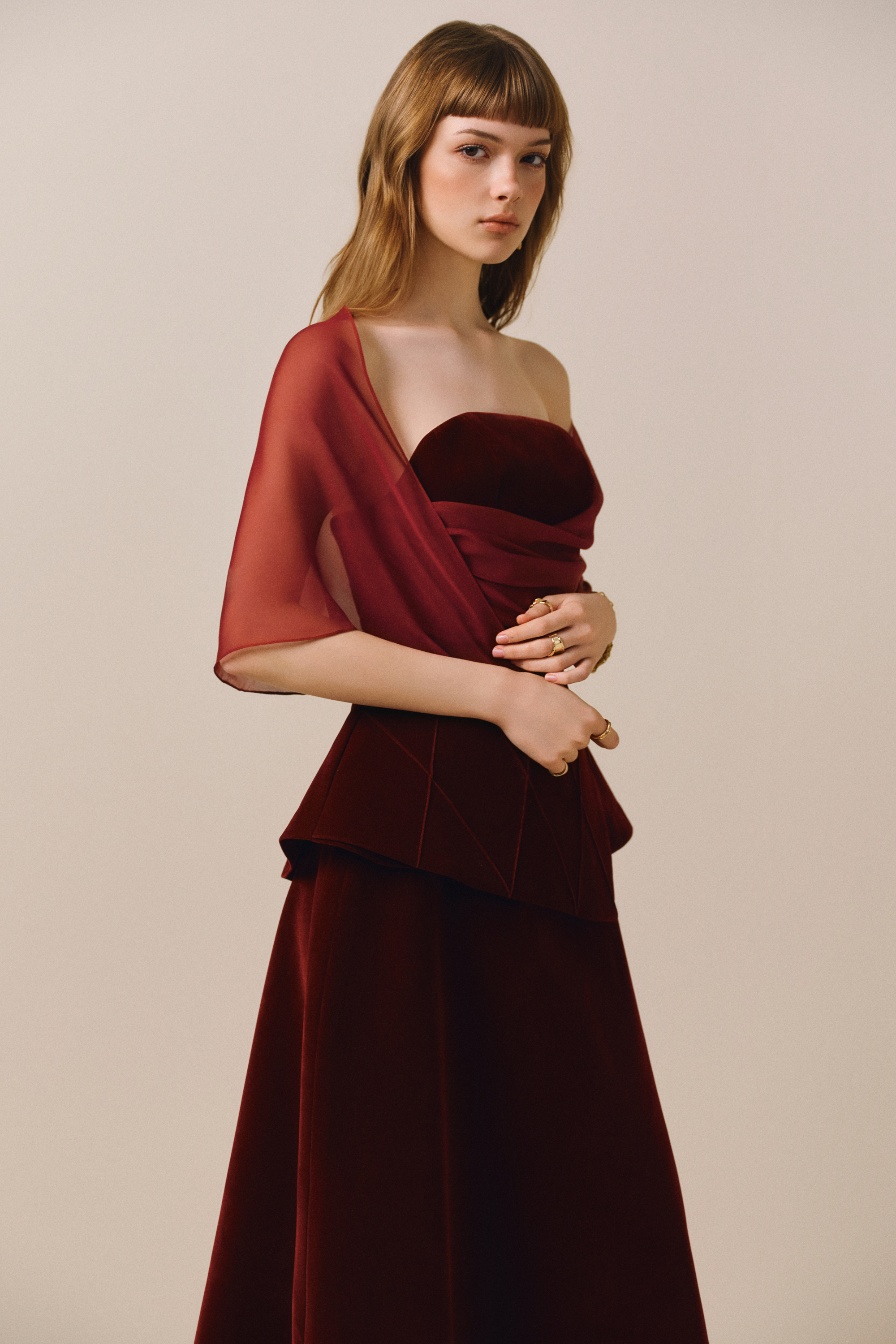 SCARLOTTE Velvet Midi Dress with Sheer Overlay