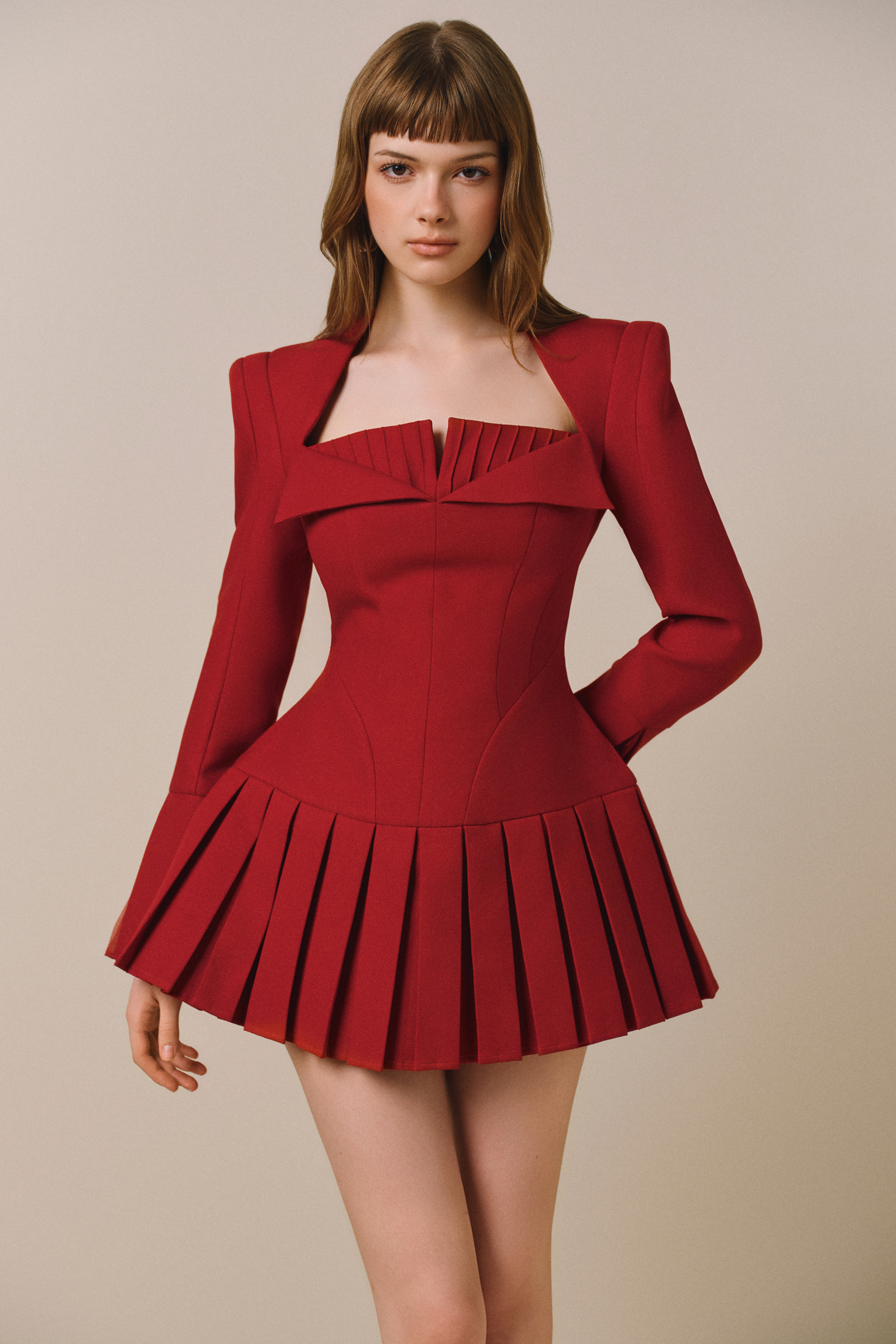 EDEN Long Sleeves Pleated Mini Dress