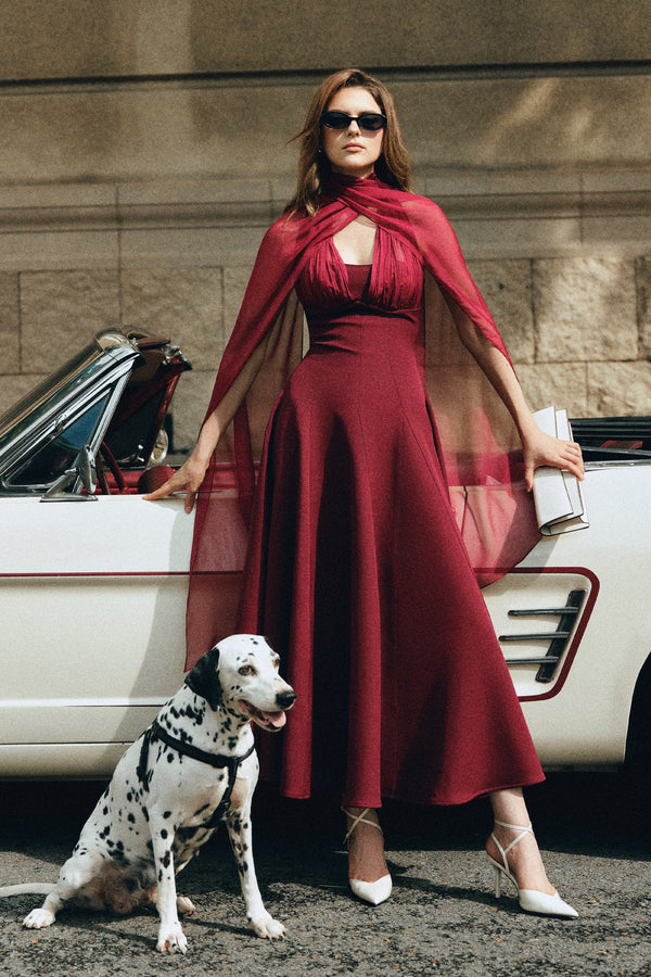ZYRA Midi Dress with Chiffon Cape