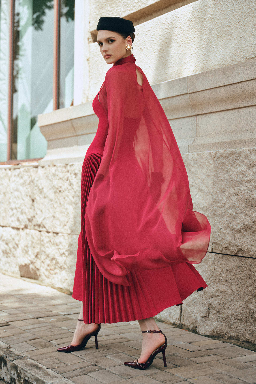 NYRIA Midi Dress with Neck Scarf S / Red