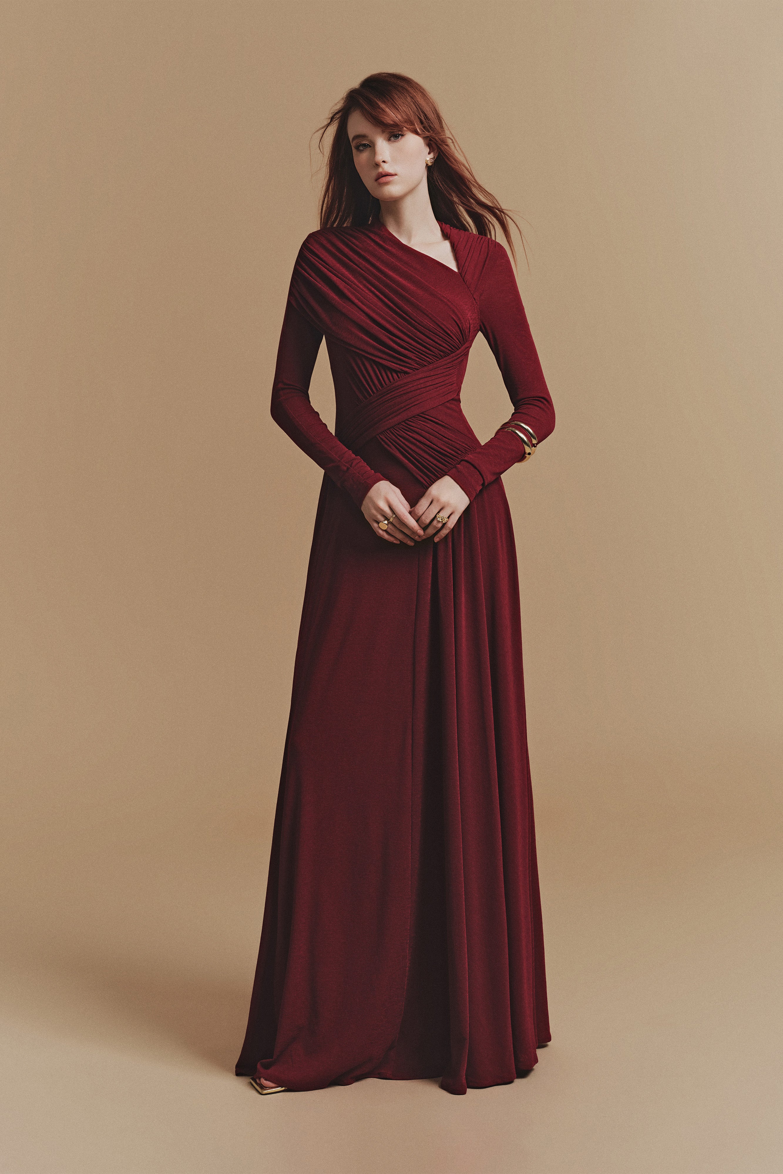 Faux Asymmetric Long Sleeve Maxi Dress S / Maroon