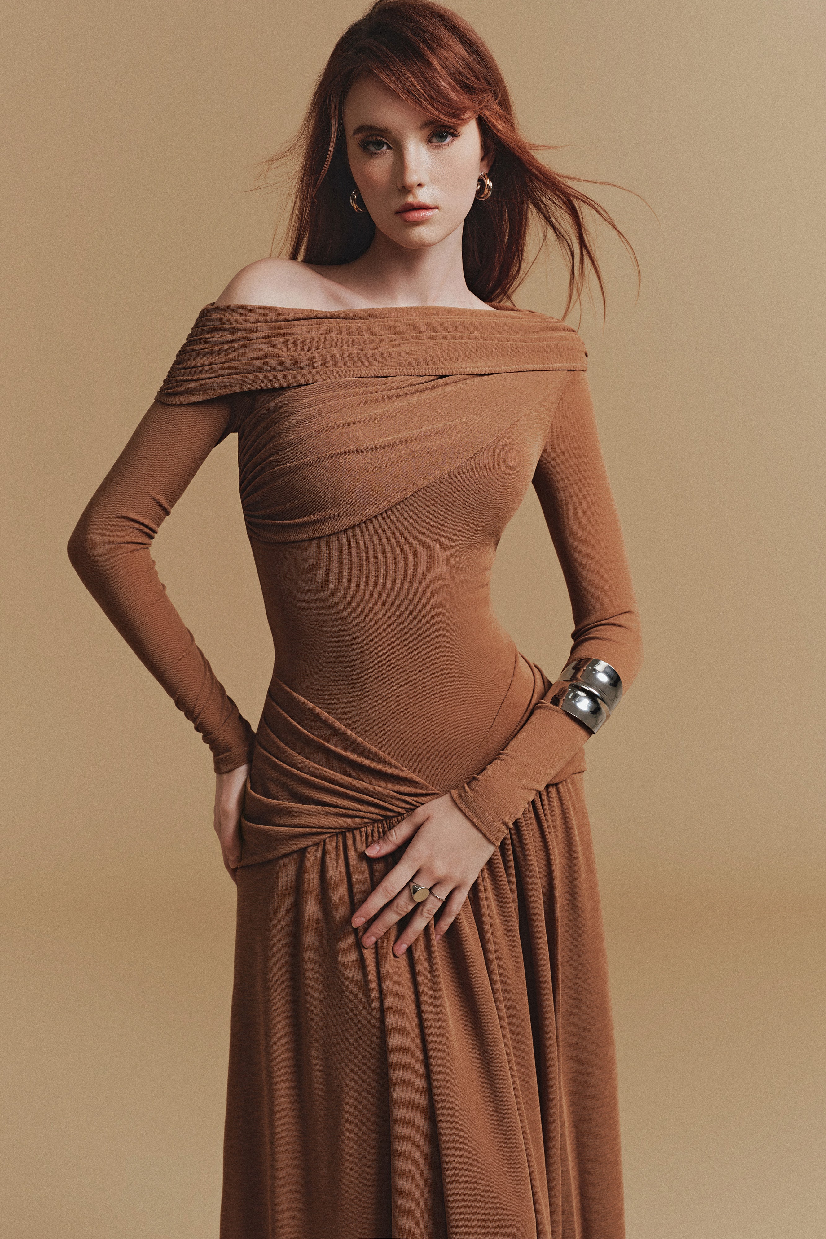 ROCHEL Asymmetric Long sleeve Maxi Dress