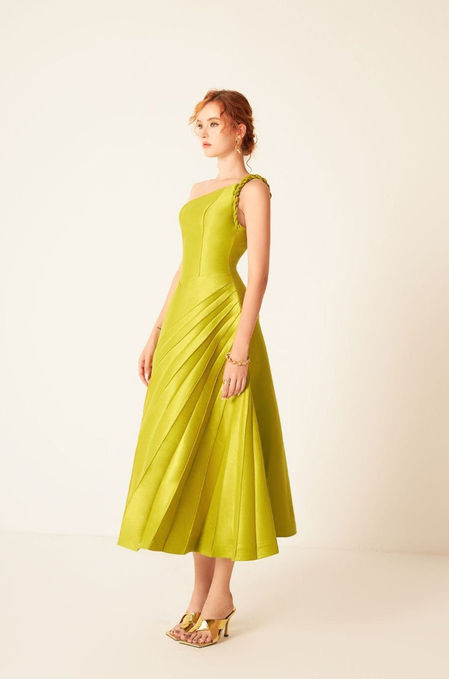 knee length dresses for ladies Almira Pleated Midi Dress XL / Chartreuse Green main image 0