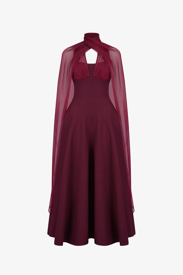 ZYRA Midi Dress with Chiffon Cape