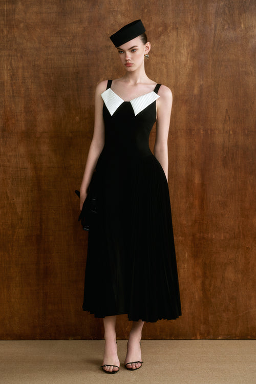 knee length dresses for ladies Black Midi Dress With Delicate Spaghetti Straps and Bow - OH CICI