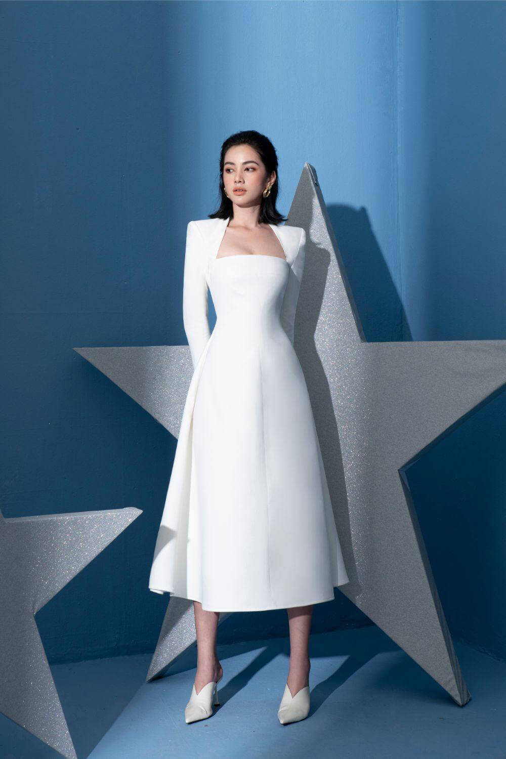 White padded shoulder dress Clearance